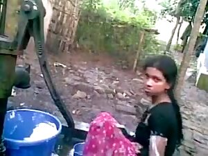 Indian college girl outdoor bath